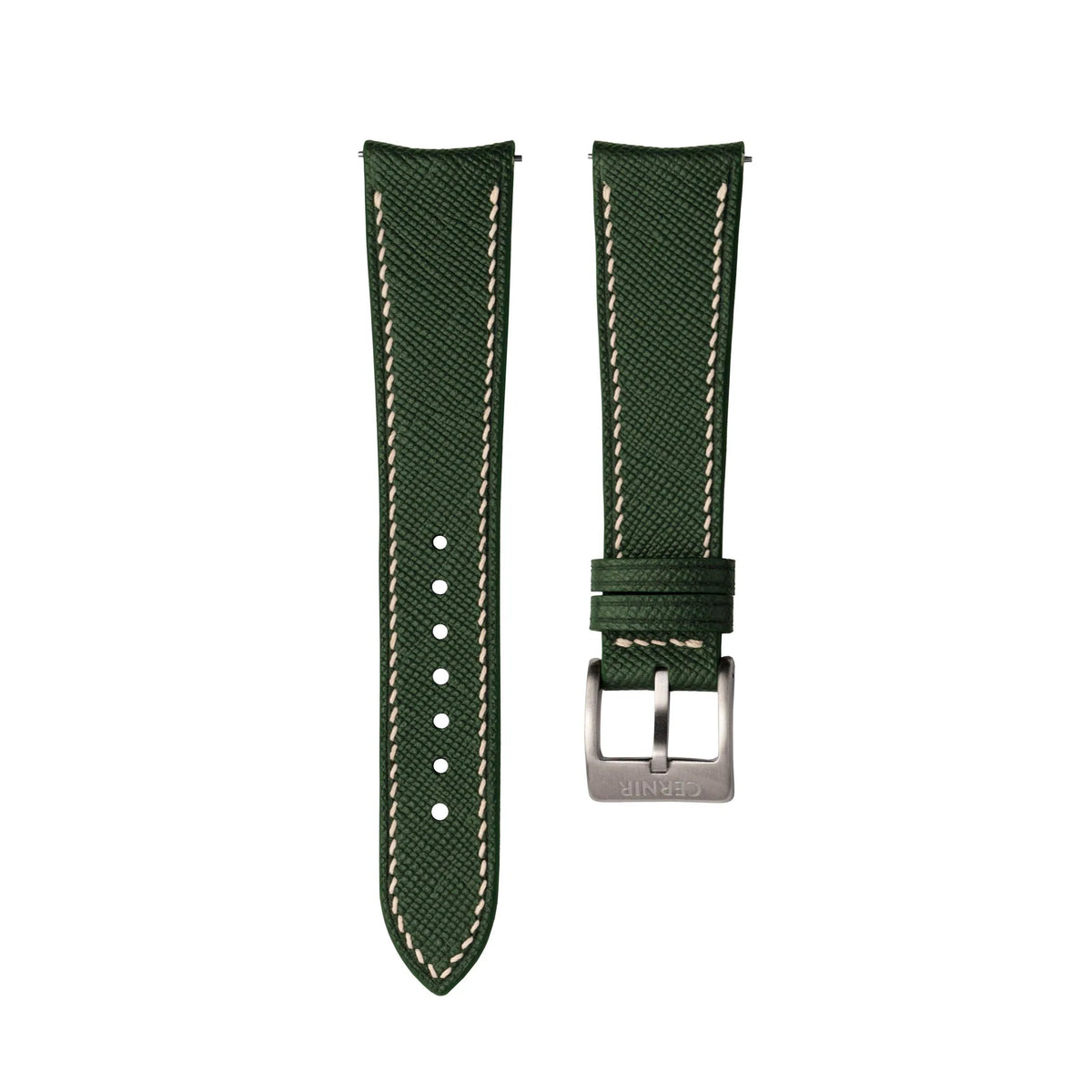 Forest Green Saffiano leather slim curved end watch strap with cream stitching on a white background