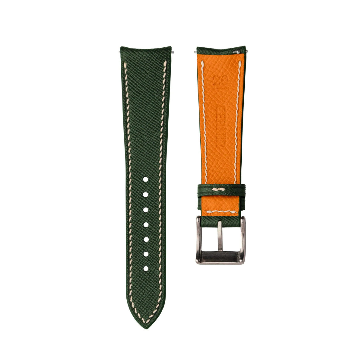 Back of the forest green Saffiano curved end strap, showing its orange Epsom leather lining