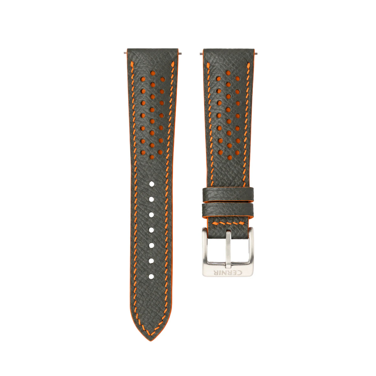 Grey Epsom leather Racing Rally watch strap with orange stitching and perforations on a white background