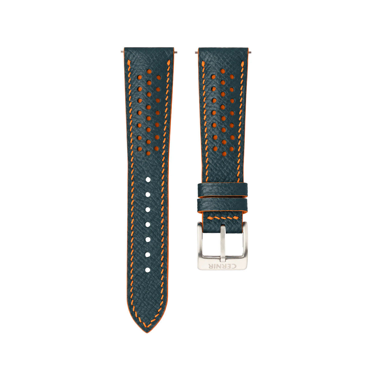 Petrol Blue Epsom leather Racing Rally watch strap with orange stitching and perforations on a white background