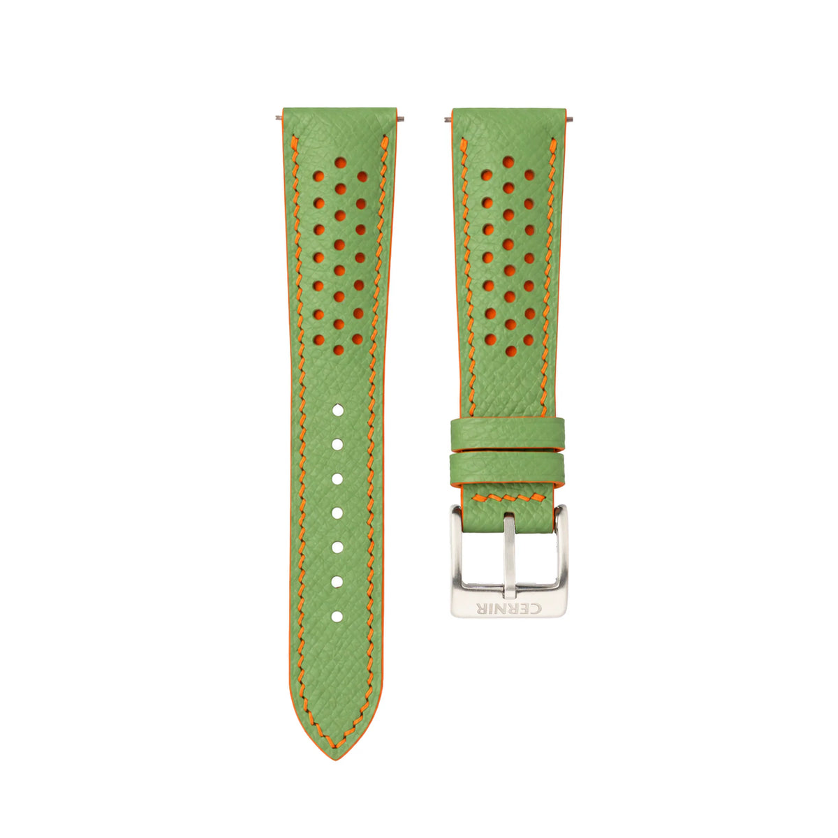 Pistachio Green Epsom leather Racing Rally watch strap with orange stitching and perforations on a white background