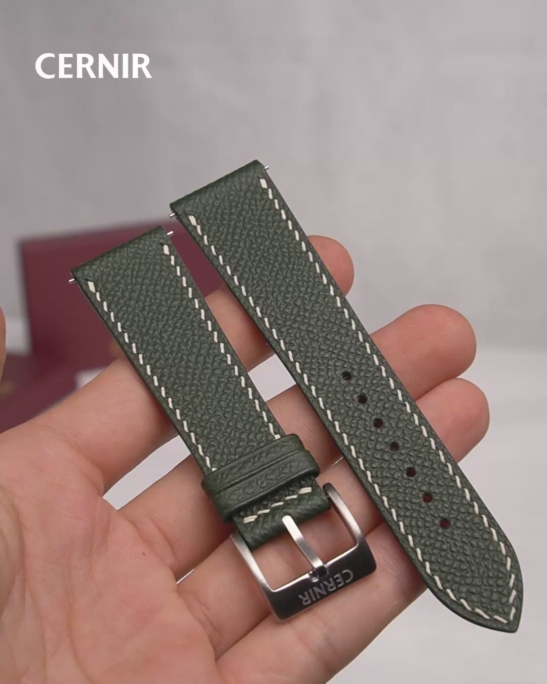 Video: Forest Green Epsom Leather Slim Watch Strap held in the hand, showing both pieces and the buckle