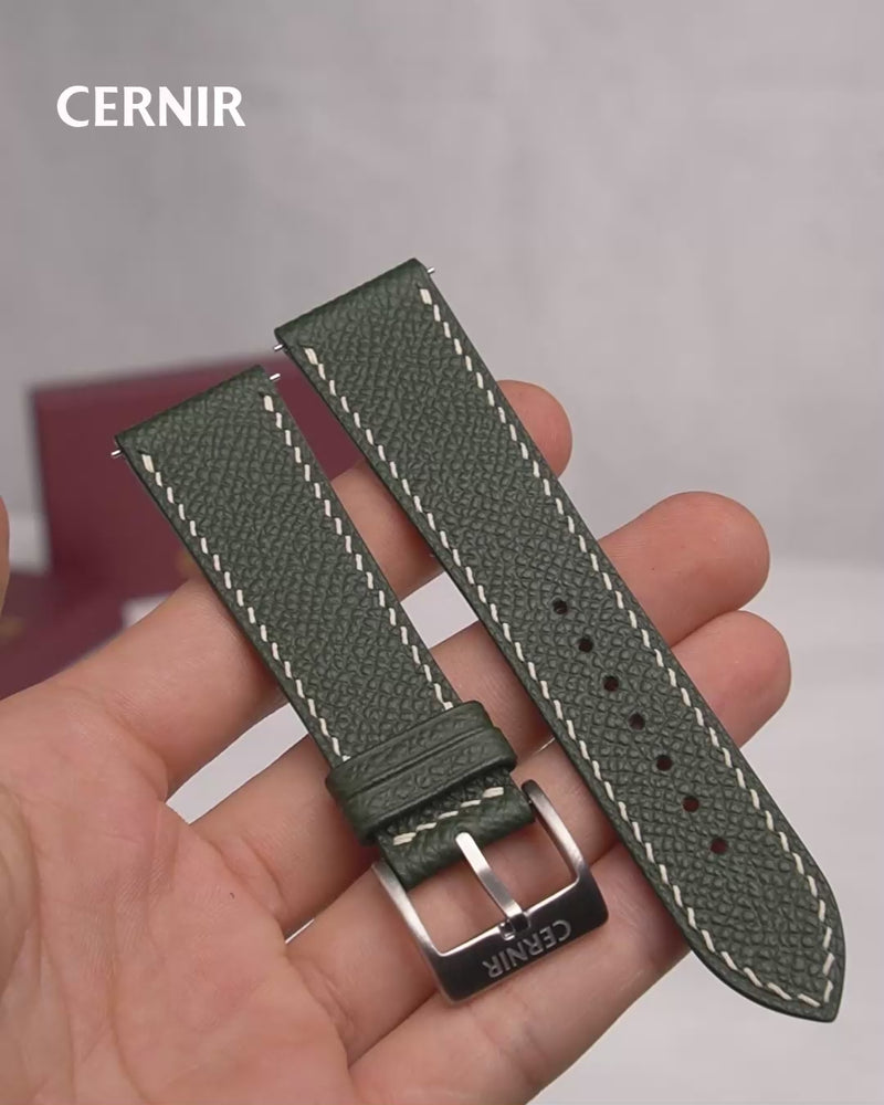 Video: Forest Green Epsom Leather Slim Watch Strap held in the hand, showing both pieces and the buckle