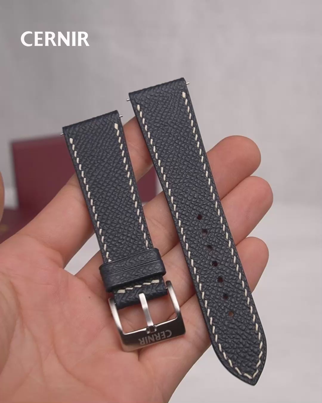 Video: Black Epsom Leather Slim Watch Strap held in the hand, showing both pieces and the buckle
