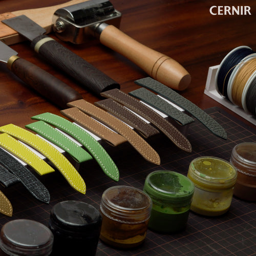 Leather straps, hand tools, thread, and finishing materials