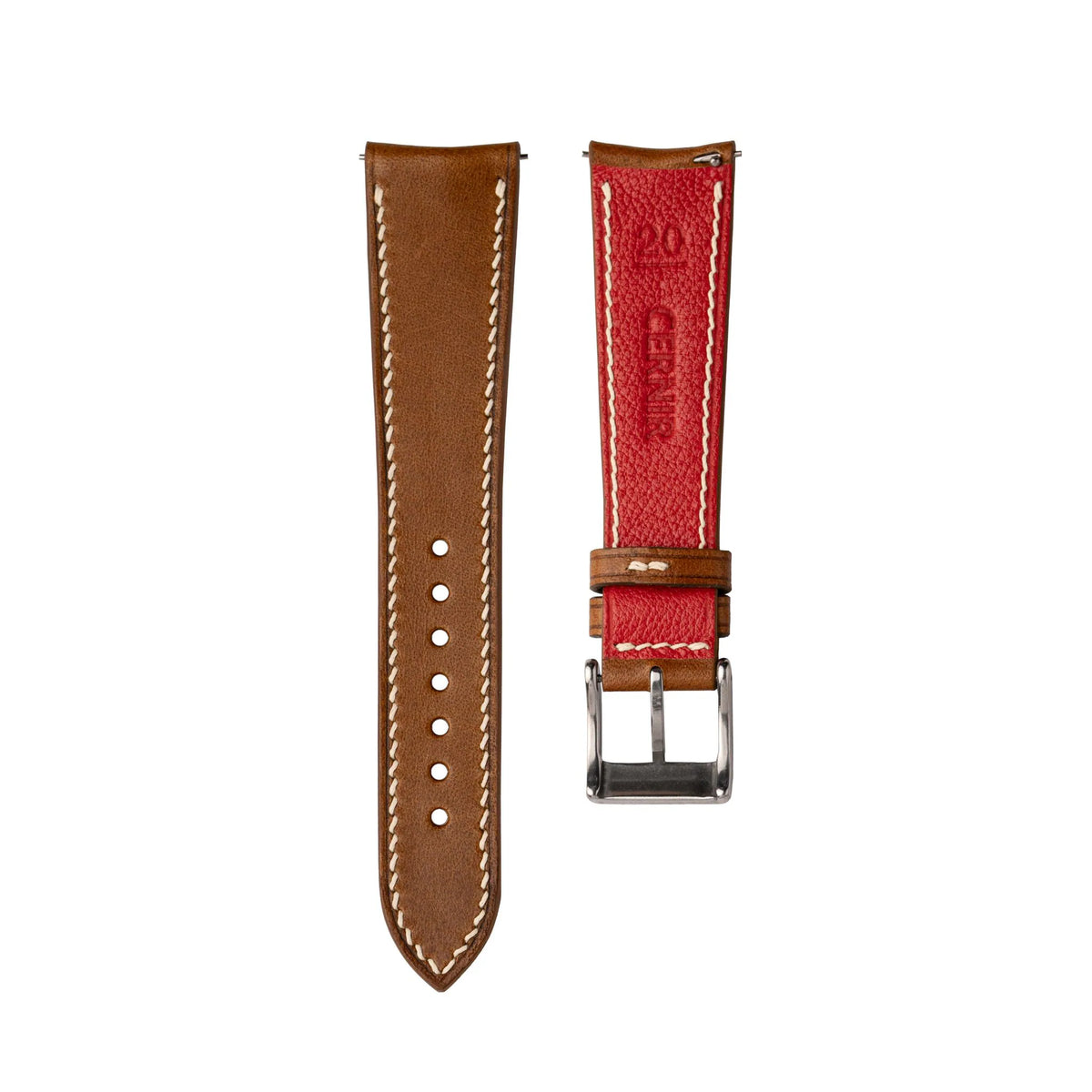 Back of the tan Buttero curved end strap, showing its red Alran Chevre goatskin lining
