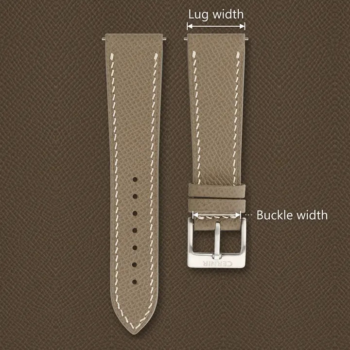 Taupe Epsom Cernir strap seen from above. Lug width is the strap width at the watch end; buckle width is the width at the buckle end.