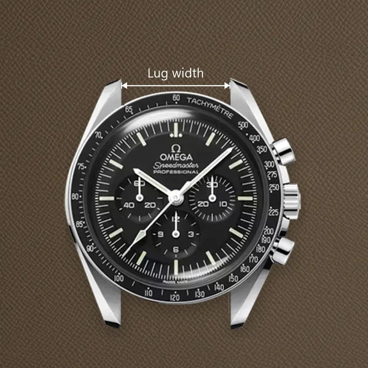 Omega Speedmaster seen from above. Lug width is the gap between the inner edges of the two lugs.