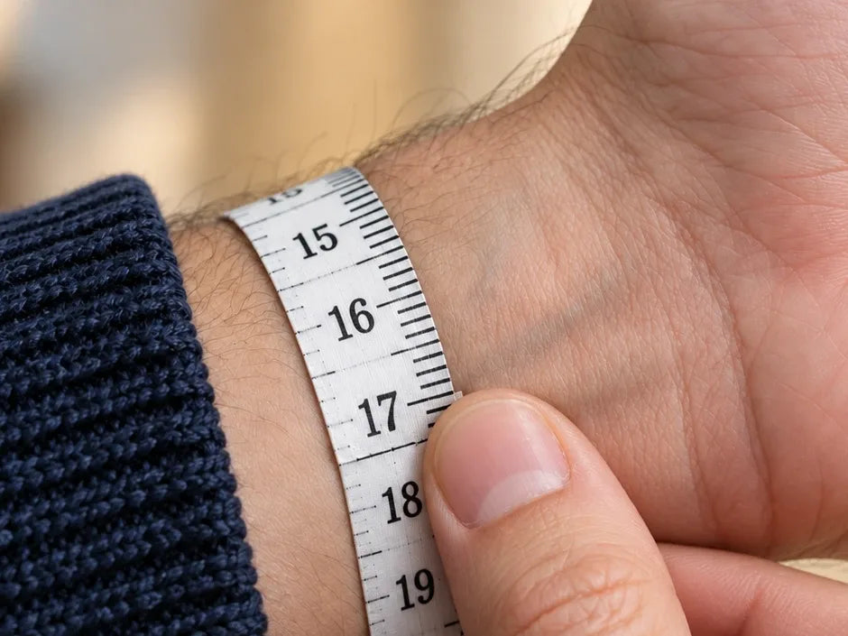 A flexible tape measure wrapped flat around the wrist where a watch sits, read where the tape overlaps